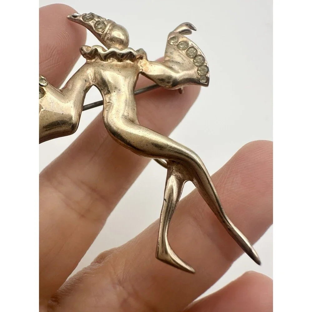 Vintage Sterling Silver Rose Gold Plated Dancing Harlequin Brooch Pin